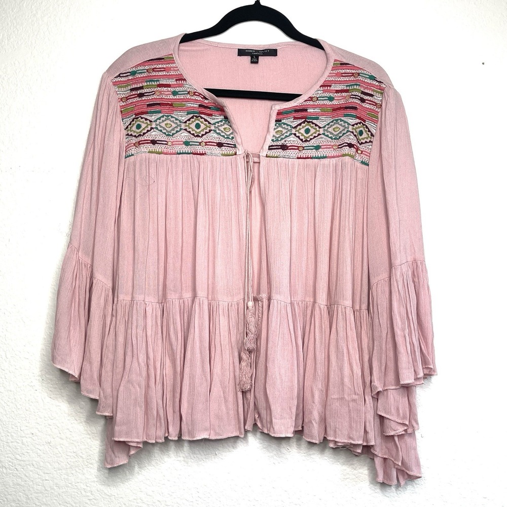 Romeo + Juliet Couture Pink Embroidered Ruffle Kimono Peasant Top Size Large - Picture 5 of 15